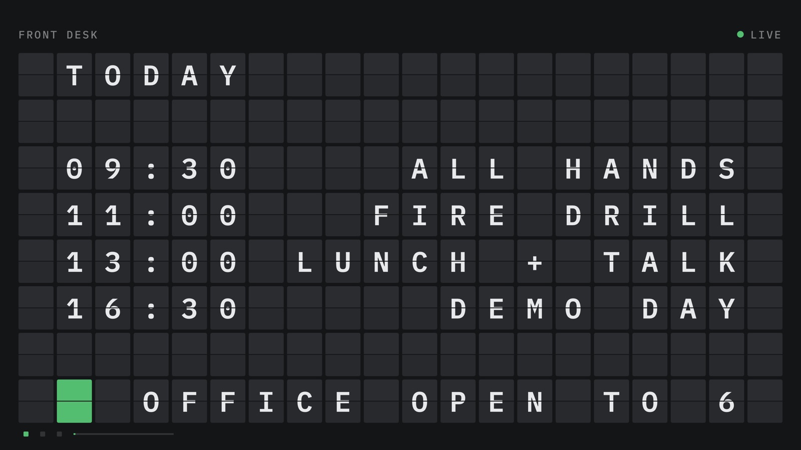 Graphite style board listing the day's times in an office