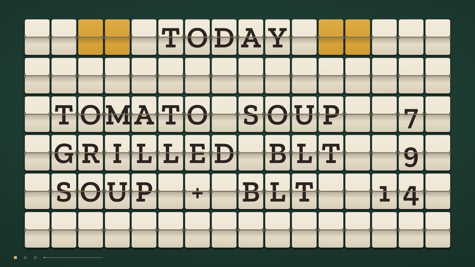 Platform style board showing today's menu: tomato soup 7, grilled BLT 9, soup and BLT 14
