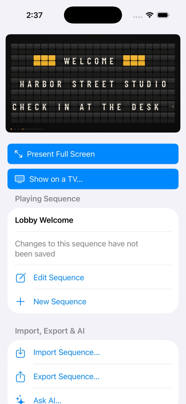 The app on an iPhone: the board preview above the Present Full Screen and Show on a TV buttons